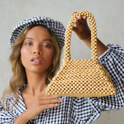 Pyramid Beaded Tote Bag in Toasted Beige