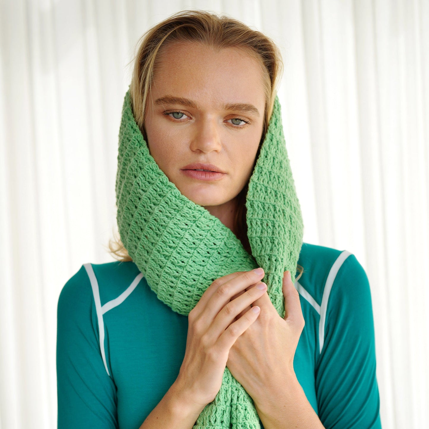 WAFFLE Crochet Scarf in Sage Green