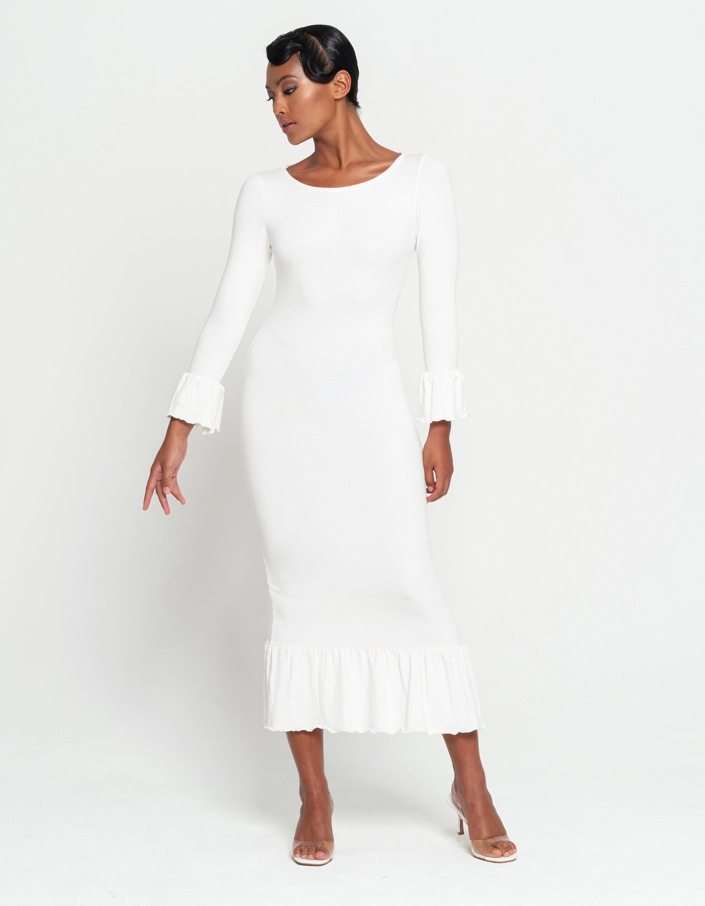 MARJORIE Bamboo Ruffle Dress, in Off-white