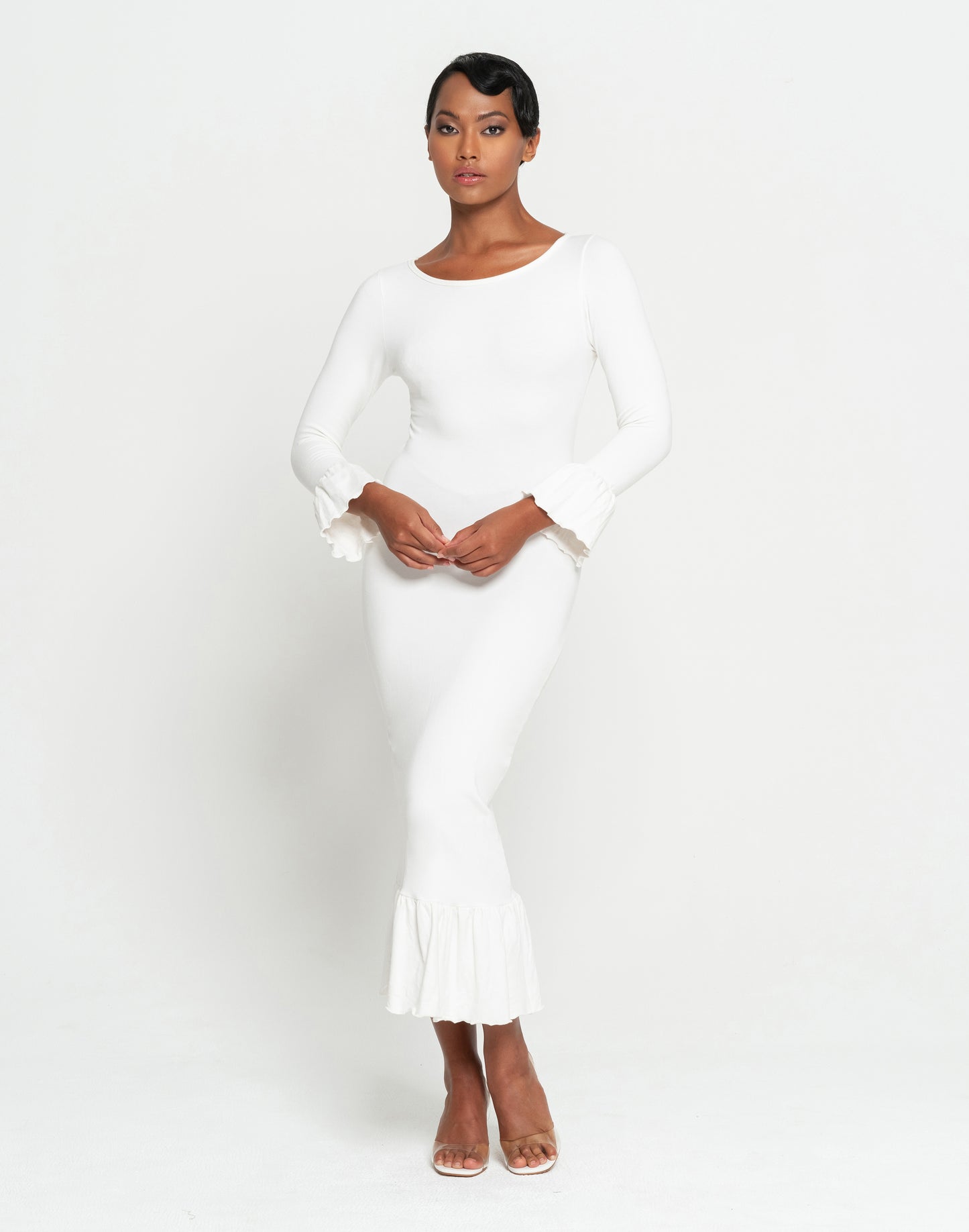 MARJORIE Bamboo Ruffle Dress, in Off-white